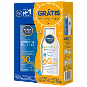 Conjunto Protetor Solar Nivea FPS50 Protect & Hidrata 200ml + Protetor Solar FPS60 Nivea Kids Sensitive 100ml