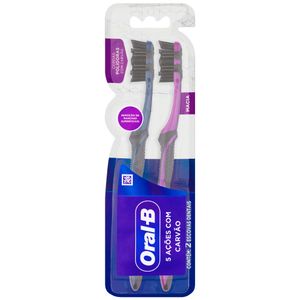 Conjunto com 2 Escovas Dentais Oral-B 5 Ações com Carvão Macia
