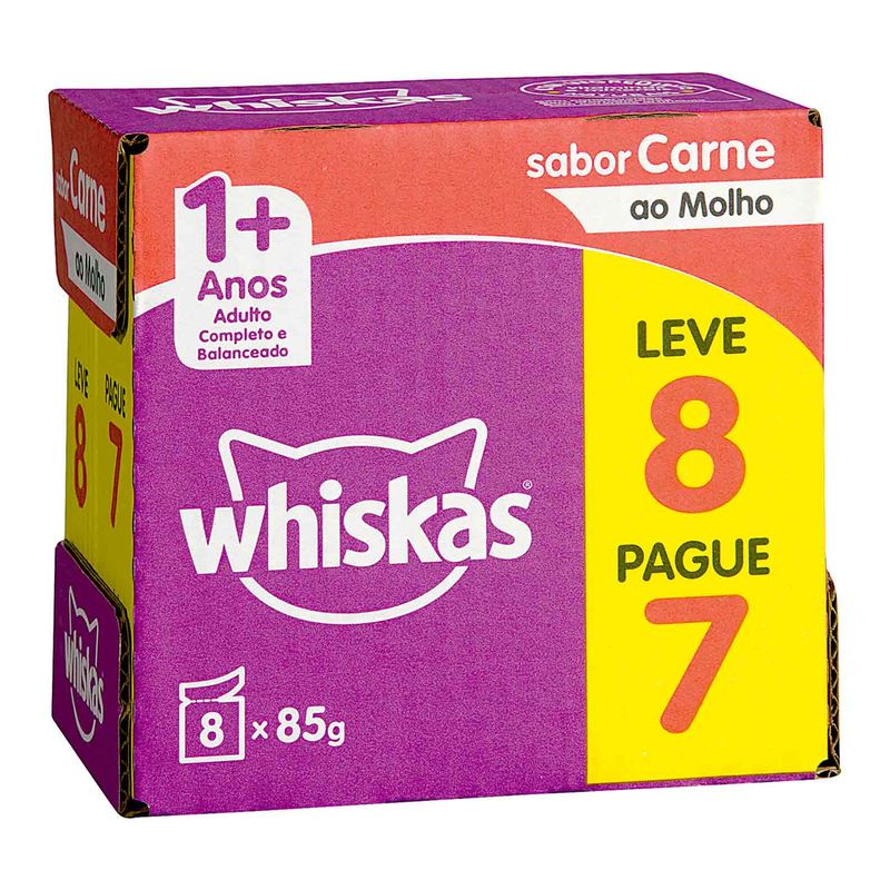 Racao-Umida-para-Gatos-Whiskas-1--Adultos-Carne-ao-Molho-8-saches-85g-Embalagem-Promocional-Zaffari-00