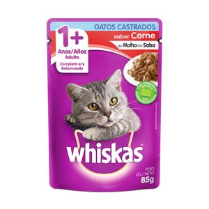 Ração Úmida para Gatos Whiskas Adultos Castrados Carne ao Molho sachê 85g