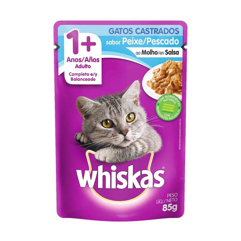 Racao-Umida-para-Gatos-Whiskas-Adultos-Castrados-Peixe-ao-Molho-sache-85g-Zaffari-00