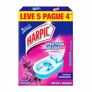 Conjunto com 5 Pastilhas Adesivas Sanitárias Harpic Lavanda Embalagem Promocional