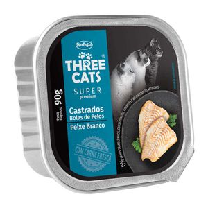 Patê para Gatos Castrados Bola de Pêlos Super Premium sabor Peixe Branco Three Cats 90g