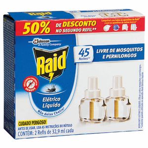 Conjunto com 2 Refis Repelente Líquido Elétrico Raid 45 Noites 32,9ml