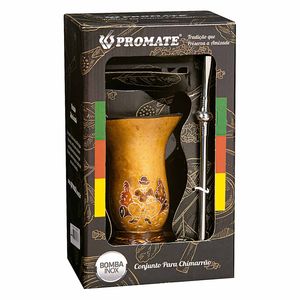 Conjunto para Chimarrão Cuia de Madeira + Bomba Aço Inox Promate