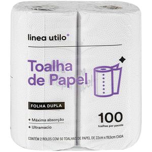 Conjunto com 2 Toalhas de Papel em Rolo Folha Dupla Linea Utilo 22x19,5cm 50 folhas