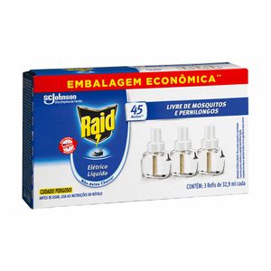 Conjunto com 3 Refis Repelente Líquido Elétrico Raid 45 Noites 32,9ml