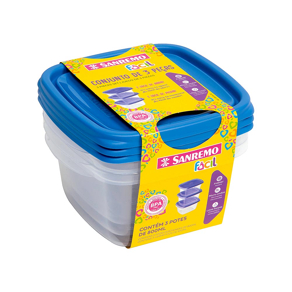 Kit de Potes Plásticos Sanremo 3 Unidades de 800ml - Zaffari