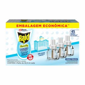 Conjunto com 3 Refis Repelente Líquido Elétrico Raid Family 45 Noites 32,9ml
