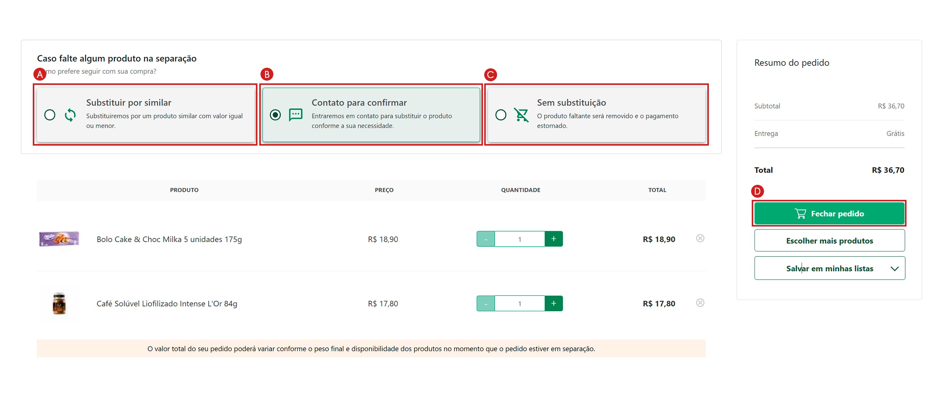 Escolha o critério de substituição